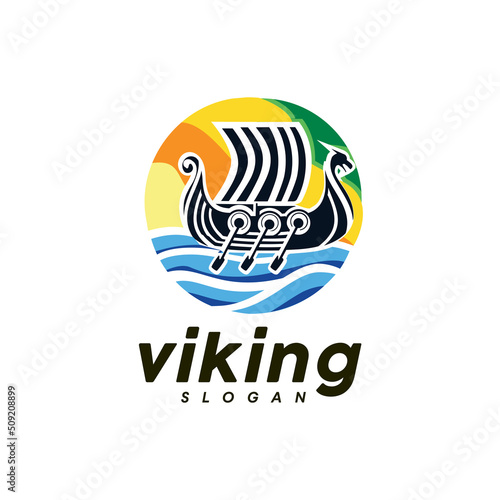scandinavian drakkar logo design illustration of Viking ship Flat emblem 