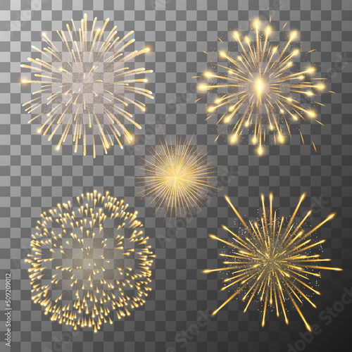 Fototapeta Set of five fireworks bursting in various shapes
