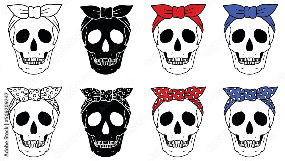 Skull with Bandana Bow Clipart Set - Outline, Silhouette and Color Skull with Bandana Bow Clipart Set - Outline, Silhouette and Color