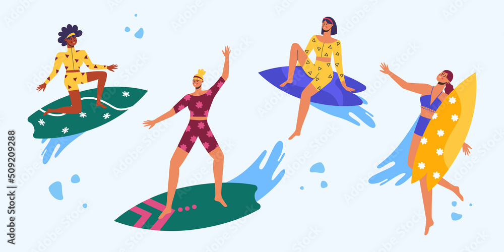 Collection of different women on the surf. Leisure. Vector illustration. Collection of different women on the surf. Leisure. Vector illustration.