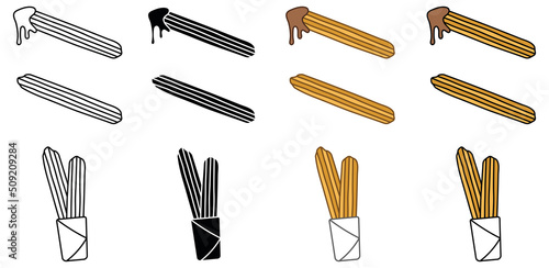 Churro Deep Fried Dessert Clipart Set - Outline, Silhouette and Color