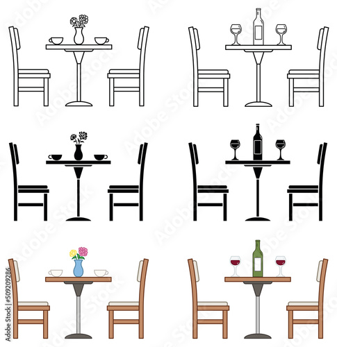 Dinner Date and Café Table with Chairs Clipart Set - Outline, Silhouette and Color