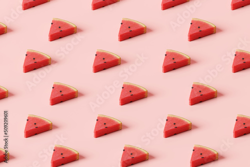 Pattern watermelon slice on pink background. Summer food concept. 3d rendering
