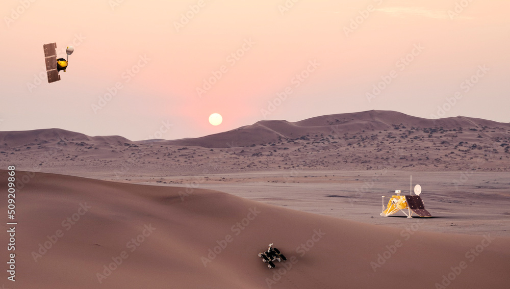 Mars Polar Lander, Eso Mars Rover and Mars Climate Orbiter, Failed missions that did not become. Elements of this image furnished by NASA. 3D rendering.