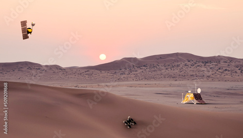 Mars Polar Lander, Eso Mars Rover and Mars Climate Orbiter, Failed missions that did not become. Elements of this image furnished by NASA. 3D rendering. © Juan
