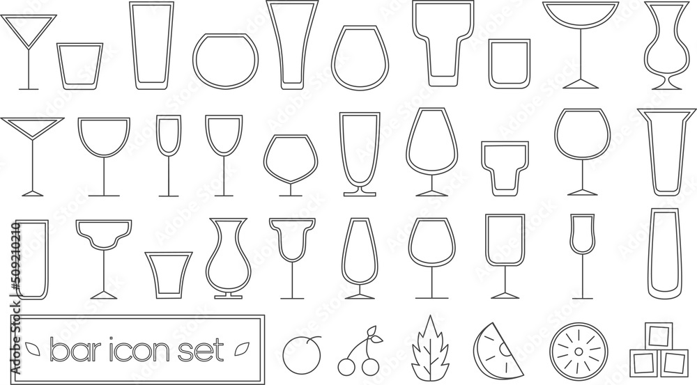 Set of vector simple schematic icons of cocktail glasses and fruits, bar icons in simple black lines. Set of vector simple schematic icons of cocktail glasses and fruits, bar icons in simple black lines.