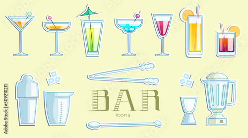Set of vector stickers of cocktails and bar tools. Sticker shape can be replaced, icons can be used without white outline easily.