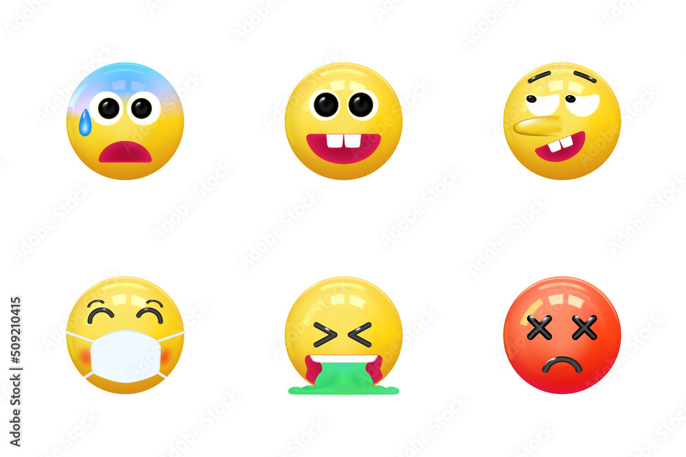 Set of icons face emotion realistic 3d render. Yellow glossy emoticons. vector illustration