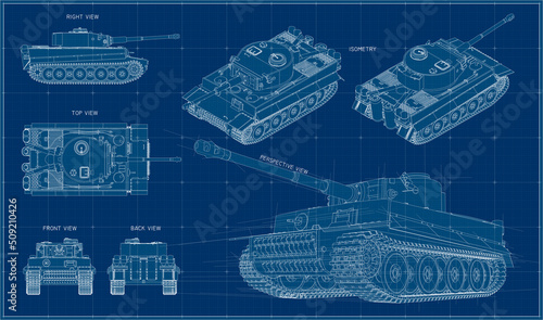 German heavy tank from World War II. Armored vehicles of Nazi Germany. Tank blueprint with projections, perspective and isometry. photo