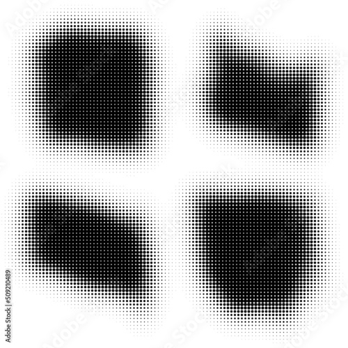 The halftone texture is black and white. A set of halftone abstract backgrounds. Spots of dots on a white backdrop