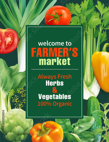 Poster design template for farmers market promotion. Vector illustration.