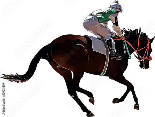 Racehorse with jockey at races. Isolated on a white background