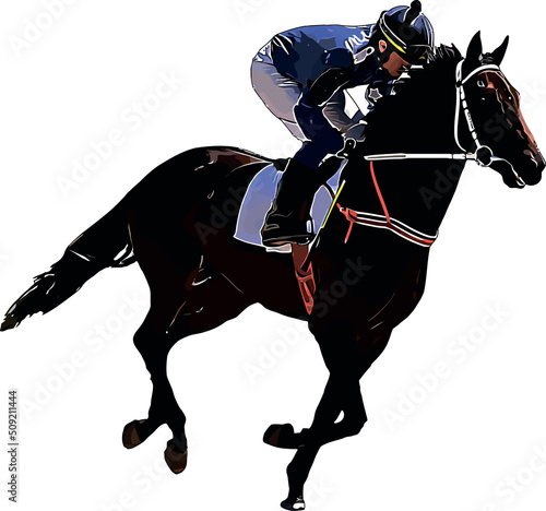 Racehorse with jockey at races. Isolated on a white background