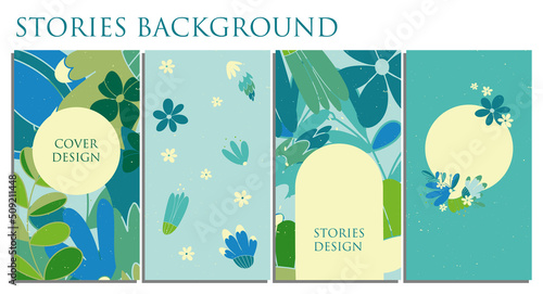 Editable social media story templates in modern style. Abstract background for stories with floral patterns in blue tones. Collection of hand drawn backgrounds. Modern design in social networks.