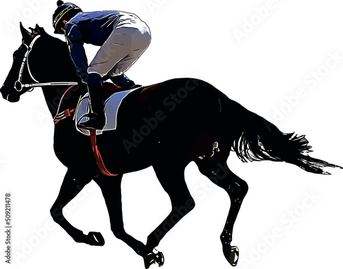 Racehorse with jockey at races. Isolated on a white background