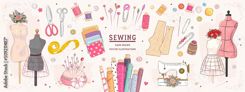 Vector hand drawn sewing retro set. Collection of highly detailed hand drawn sewing tools isolated on background photo