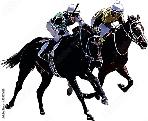 Fototapeta Naklejka Na Ścianę i Meble -  Racehorse with jockey at races. Isolated on a white background