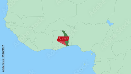 Map of Togo with pin of country capital.
