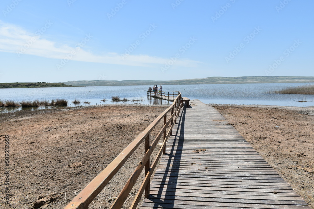 A lake with a wooden path to the place of therapeutic mud