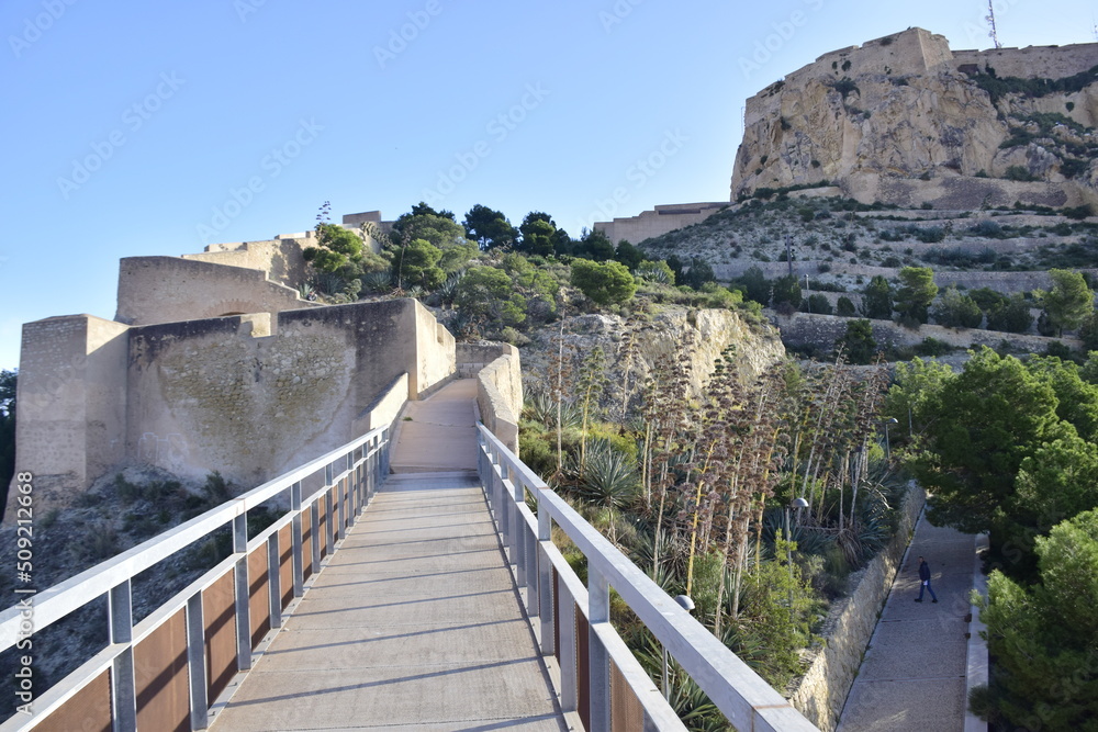 Alicante, Spain - 10 november 2019: Neighbourhood of Santa Barbara Castle