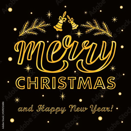 Hand drawn vector illustration with gold lettering on textured background Merry Christmas for winter season greeting, invitation, celebration, advertising, poster, card, banner, print, label, template