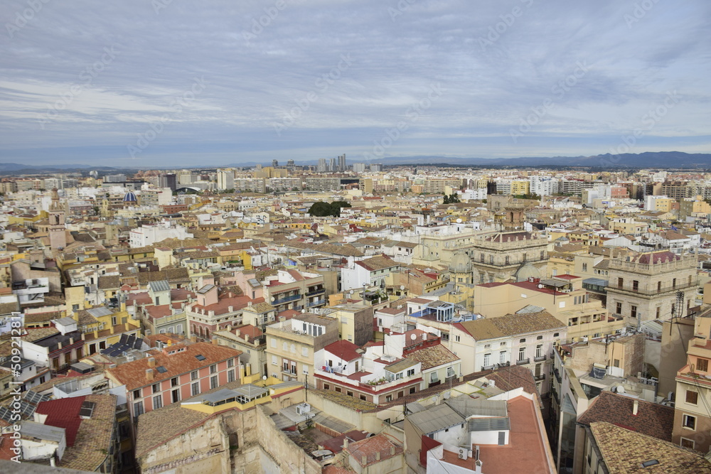 Valencia, Spain - 11 november 2019: Valencia aerial skyline with Santa Catalina belfry tower photomount at Spain.