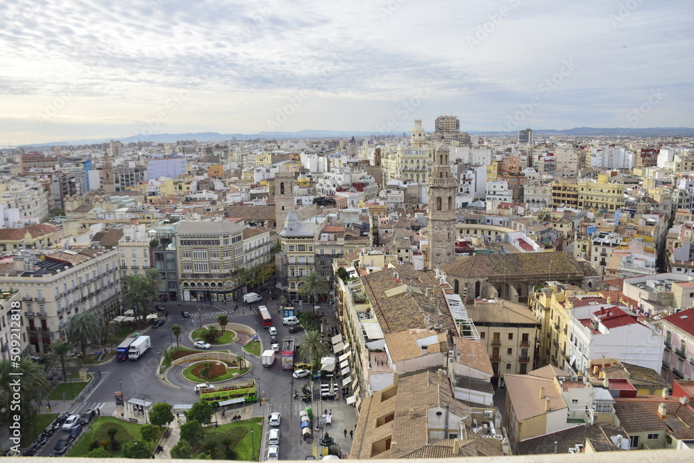 Valencia, Spain - 11 november 2019: Valencia aerial skyline with Santa Catalina belfry tower photomount at Spain. Valencia, Spain - 11 november 2019: Valencia aerial skyline with Santa Catalina belfry tower photomount at Spain.