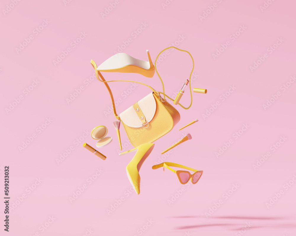 Flying woman's accessories bag, high heels, lipsticks on pastel pink background. 3d rendering - obrazy, fototapety, plakaty 
