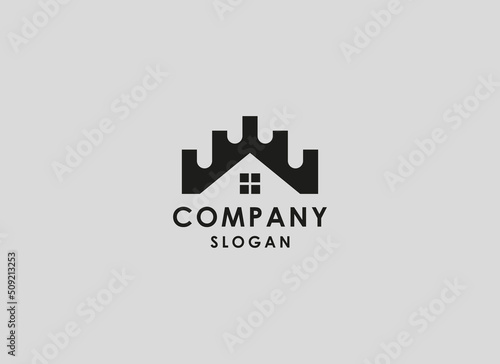 Home Logo. Geometric Shape Castle Symbol Isolated on Grey Background. Usable for Real Estate, Business and Branding Logos. Flat Vector Design Template Element