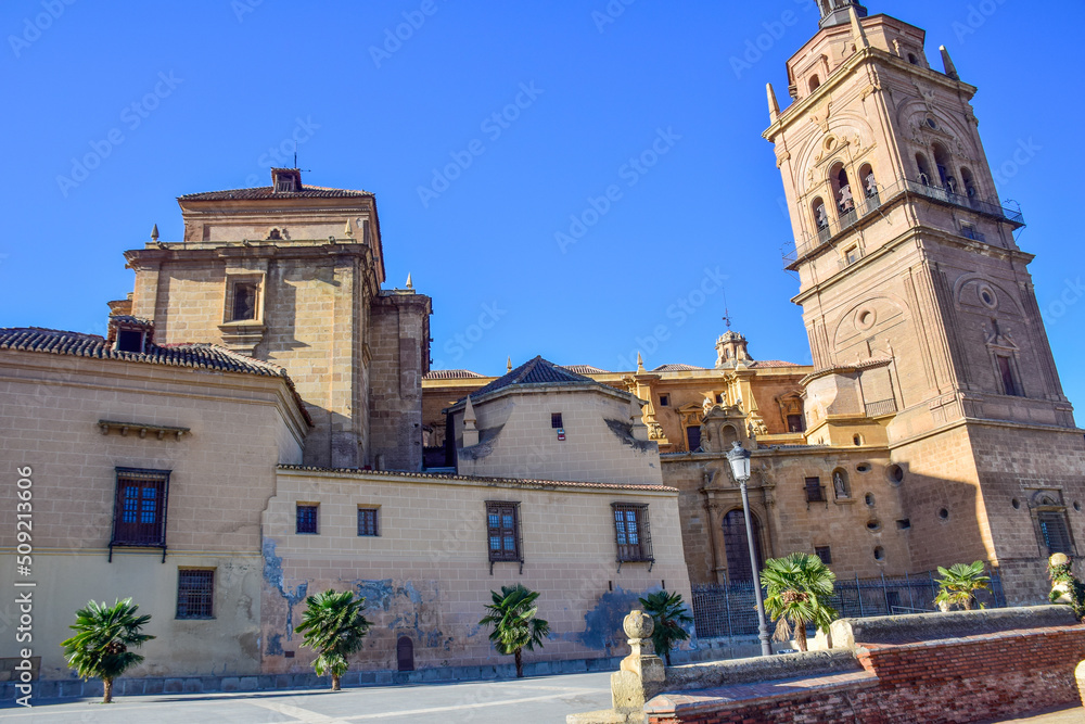 Guadix, Spain - 09 november 2019: Cathedral of Guadix or Cathedral of the Incarnation, Catedral de la Encarnacion de Guadix is a Roman Catholic church in Guadix, province of Granada