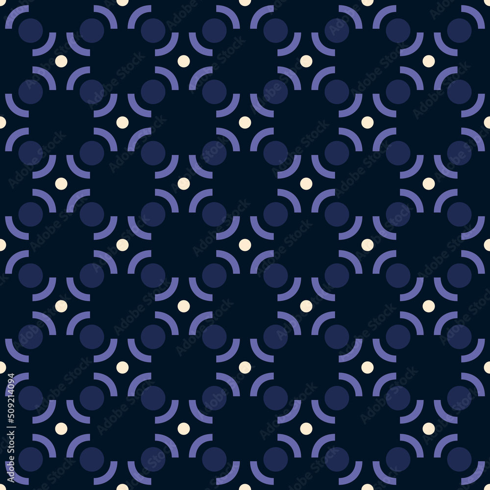 Geometric pattern abstract shape motif seamless background. Geometrical  grunge texture fabric design textile swatch ladies dress, man shirt allover  print block. Black blue, violet, white palette. Stock Vector