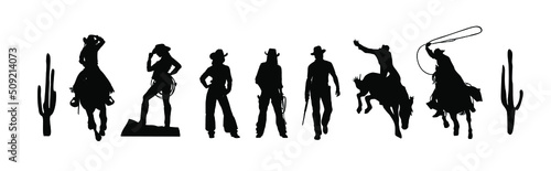Fényképezés Wild west silhouettes - cowboys, cowgirls, cactus