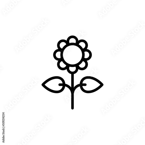 Geometrical sunflower with leaves icon. Black outline logo. Minimalist modern style. Vector illustration, flat design