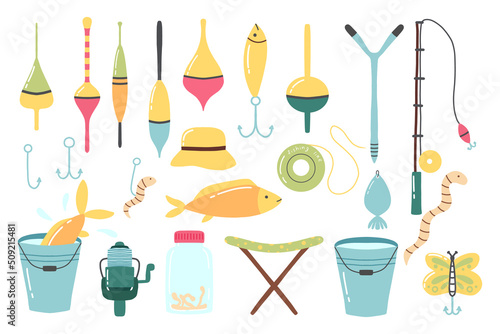 Fishing set. A set of tools for fishing. Flat style. Vector illustration. Fishing rod, hook, floats.