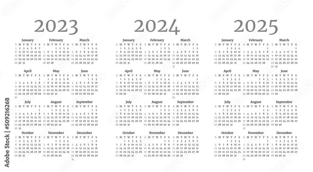 Set of monochrome monthly calendar templates for 2023, 2024, 2025 years. Week starts on Sunday. Page layout calendar in a minimalist style. Vertical table grid. Agenda organizer. Vector illustration