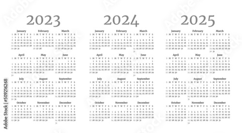 Set of monochrome monthly calendar templates for 2023, 2024, 2025 years. Week starts on Sunday. Page layout calendar in a minimalist style. Vertical table grid. Agenda organizer. Vector illustration