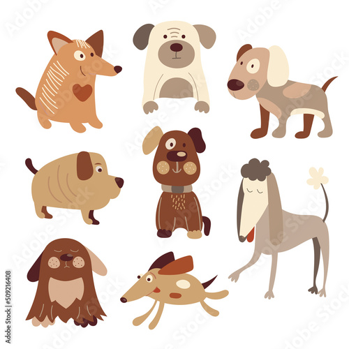 Dogs of different breeds, cartoon style, cute and playful.