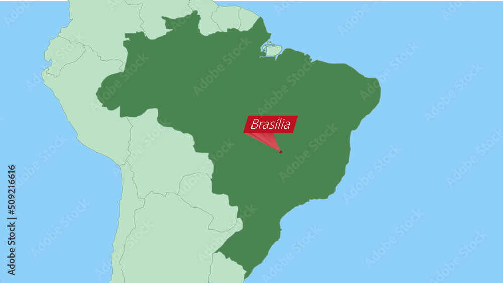 Map of Brazil with pin of country capital.