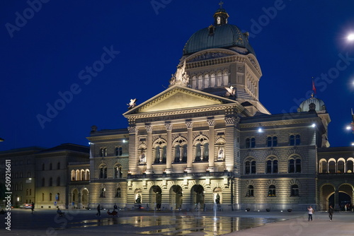 View of Swiss Parliament building at night. Bern, Switzerland - June 2022