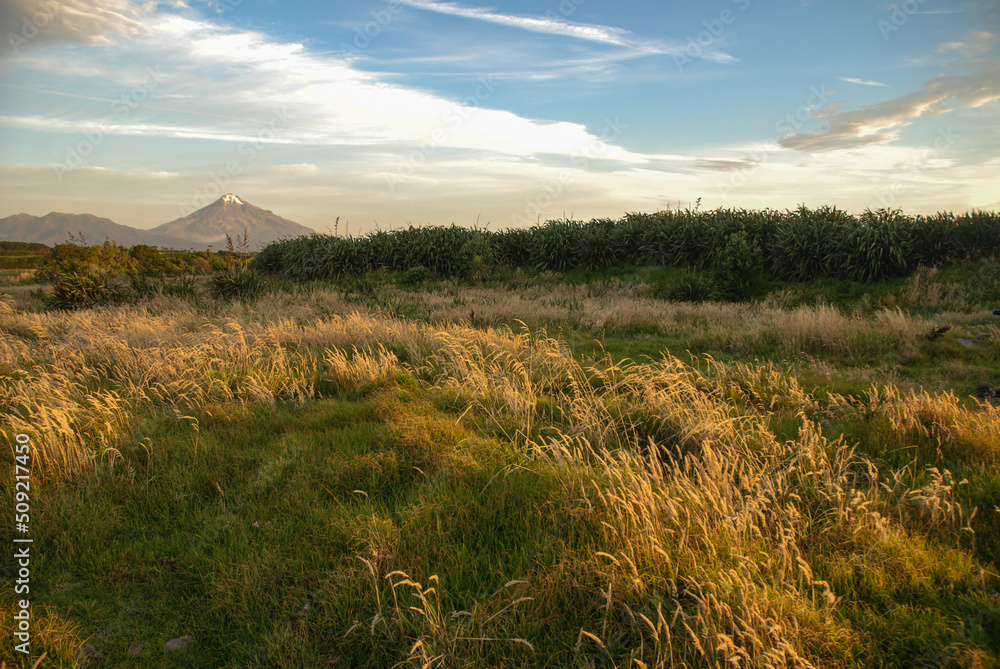 Fototapeta premium Mt Egmont view sunset snowcapped volcano in New Zealand Aotearoa