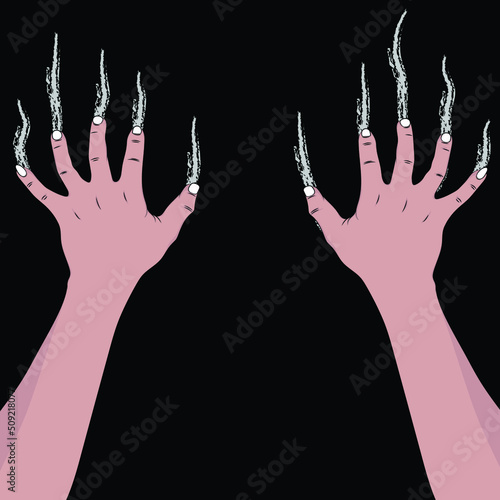 Hands ripping on black background, long nails.