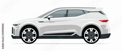 Modern SUV car mockup. Left side view of a crossover vehicle isolated on white background. Vector white car template for branding, advertisement, logo placement. Easy editable.