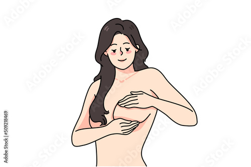 Young woman touching breast preventing cancer. Female doing self-examination for diagnosis or prevention of oncology. Healthcare and medicine concept. Vector illustration. 