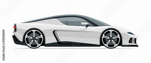 Modern sports car mockup. Right side view of a sports coupe isolated on white background. Vector white sportscar template for branding, advertisement, logo placement. Easy editable.