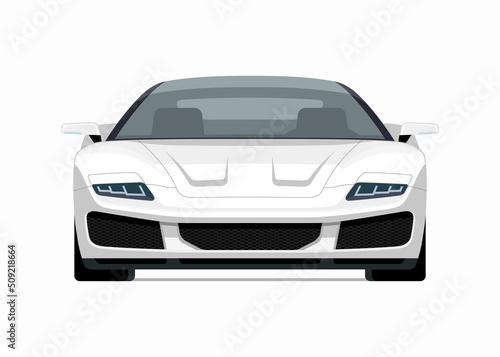 Modern sports car mockup. Front view of a sports coupe isolated on white background. Vector white sportscar template for branding, advertisement, logo placement. Easy editable.