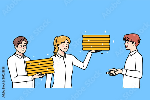 Smiling investors give successful businessman coins for saving and income. Businesspeople put money on deposit in bank. Finance and investment concept. Vector illustration. 