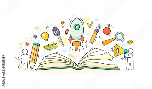 "Back to school" with stationery and launch rocket.