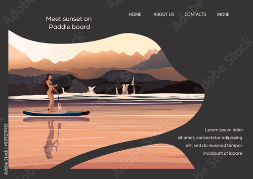 Girl stand on sup surfing board. Meditation at sunset on lake in mountains on paddle board. 