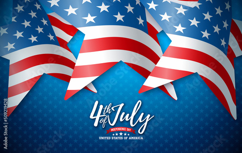 4th of July Independence Day of the USA Vector Illustration wth American Flag in Star Shape and Typography Lettering on Blue Background. Fourth of July National Celebration Design for Banner, Greeting