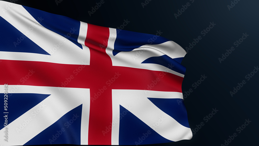 Fototapeta premium British flag. Great Britain. Union Jack. London sign. English official national symbol of England Scotland Wales unity. Realistic 3D illustration with cotton texture isolated on dark.